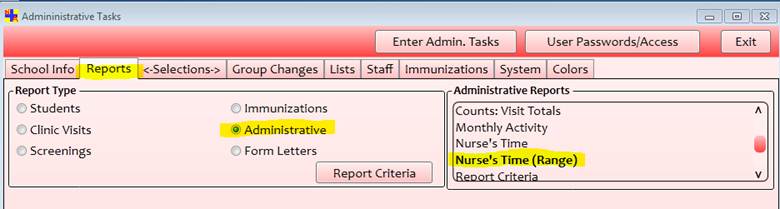 Administrative Tasks > Reports tab