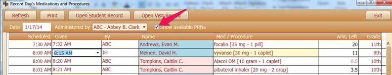 Day's Medications and Procedures form