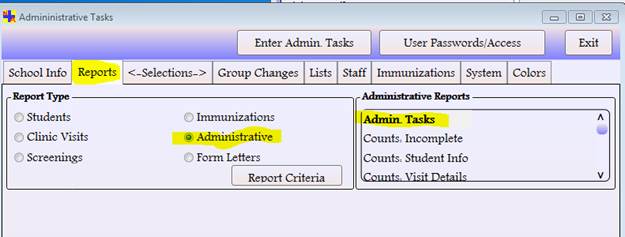 Administrative Tasks > Reports tab